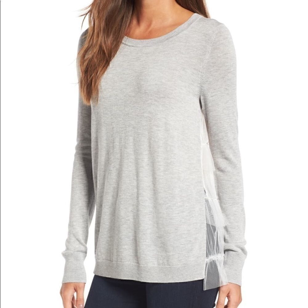 Chelsea28 Gray/White Sweater w/Tulle Ruffle Back